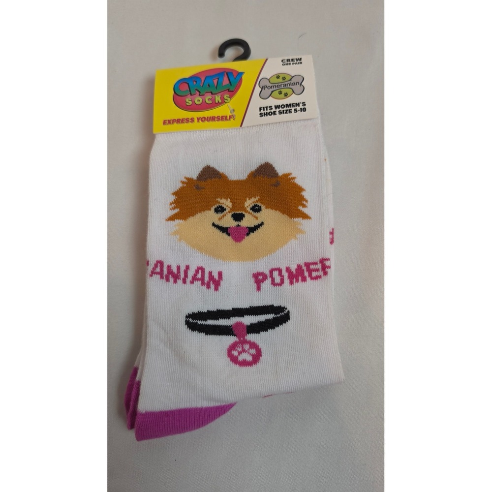 Crazy Socks Pomeranian Dog Puppy Face Crew Socks Womens White Pink Size 5-10 NEW